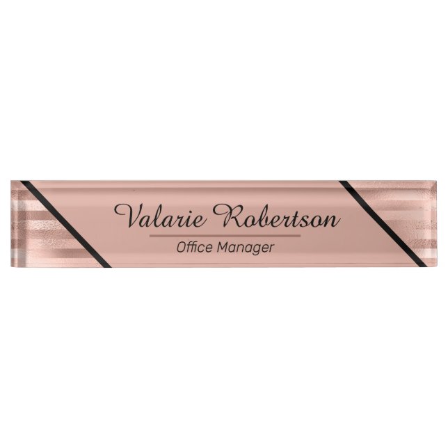 Rose Gold Faux Foil Stripped Girly Desk Name Plate (Front)