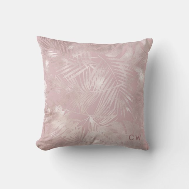 Rose gold faux foil tropical foliage monogram throw pillow (Front)