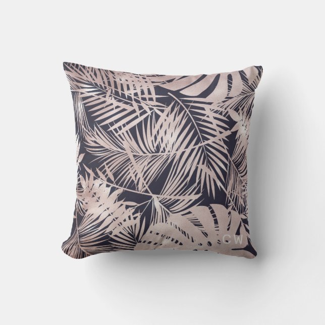 Rose gold faux foil tropical foliage monogram throw pillow (Front)