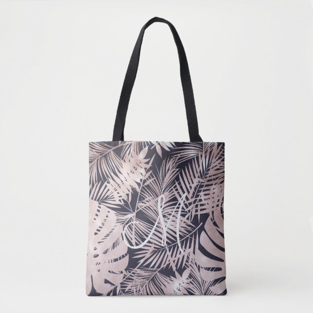 Rose Gold faux foil tropical leaves monogram Tote Bag (Front)