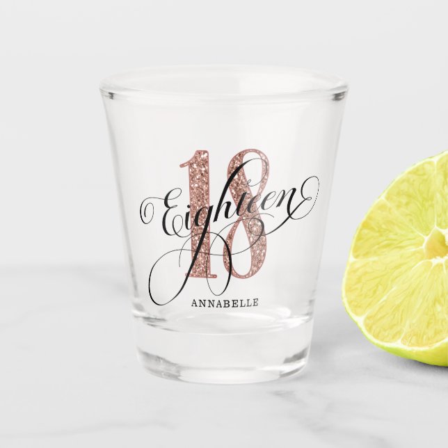 Rose Gold Faux Glitter 18th Birthday Shot Glass (Front)