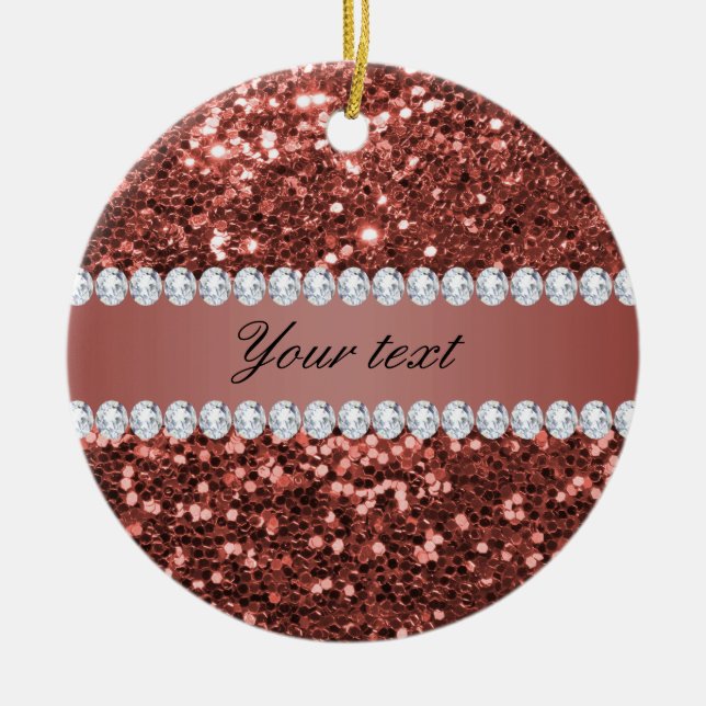 Rose Gold Faux Glitter and Diamonds Personalized Ceramic Ornament (Front)