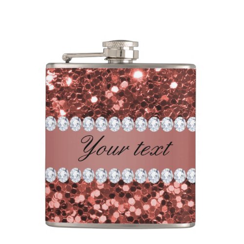 Rose Gold Faux Glitter and Diamonds Personalized Flask
