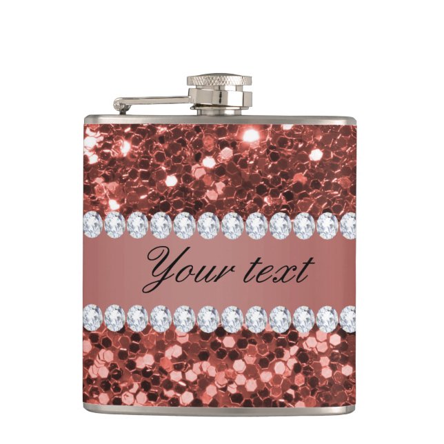 Rose Gold Faux Glitter and Diamonds Personalized Flask (Front)