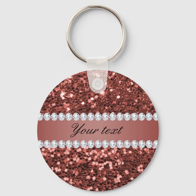 Rose Gold Faux Glitter and Diamonds Personalized Keychain (Front)