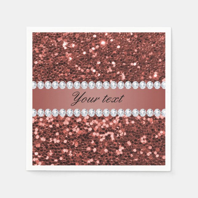 Rose Gold Faux Glitter and Diamonds Personalized Napkins (Front)