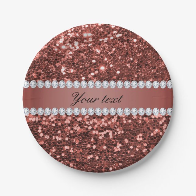Rose Gold Faux Glitter and Diamonds Personalized Paper Plates (Front)