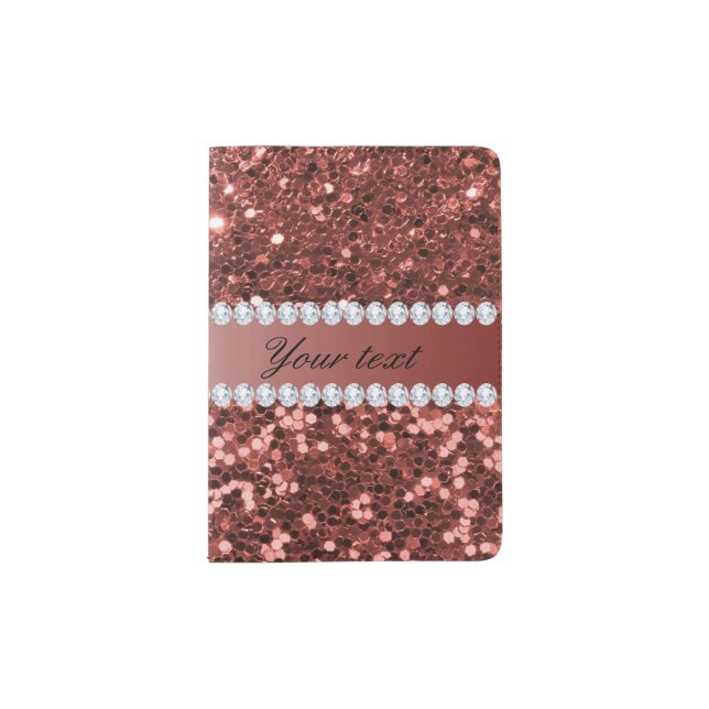 Rose Gold Faux Glitter and Diamonds Personalized Passport Holder (Front)