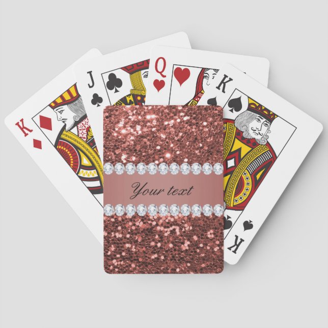 Rose Gold Faux Glitter and Diamonds Personalized Poker Cards (Back)