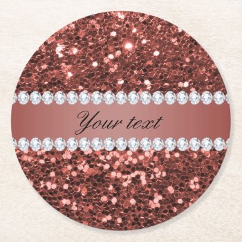 Rose Gold Faux Glitter And Diamonds Personalized Round Paper Coaster by glamgoodies at Zazzle
