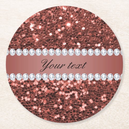 Rose Gold Faux Glitter and Diamonds Personalized Round Paper Coaster