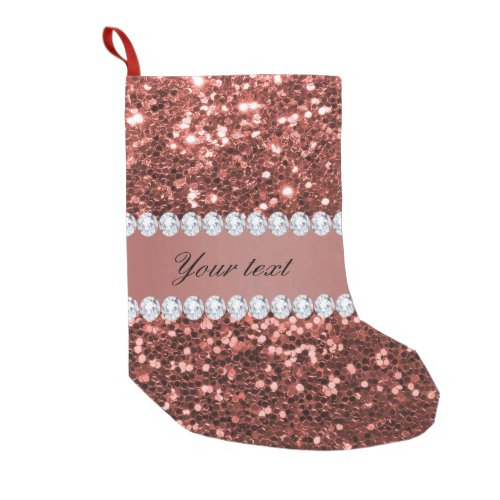 Rose Gold Faux Glitter and Diamonds Personalized Small Christmas Stocking