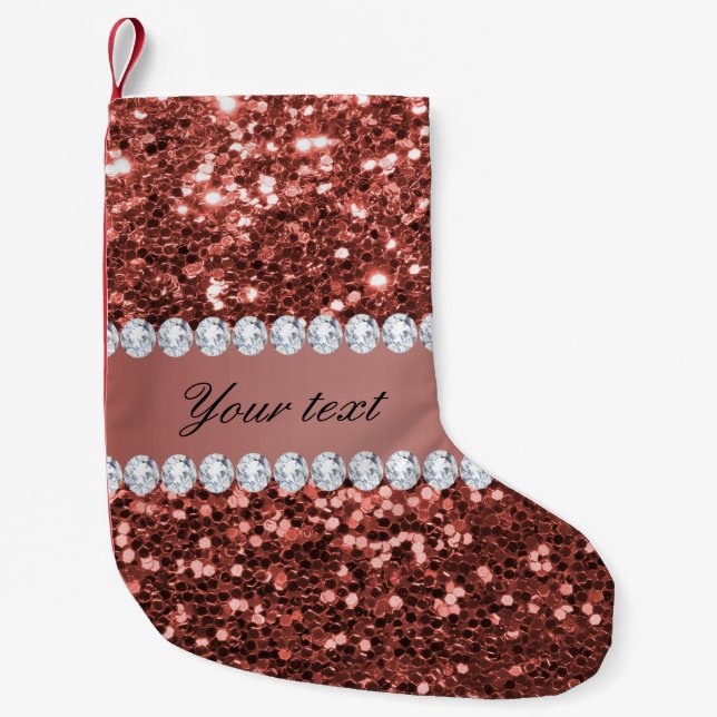 Rose Gold Faux Glitter and Diamonds Personalized Small Christmas Stocking (Front)