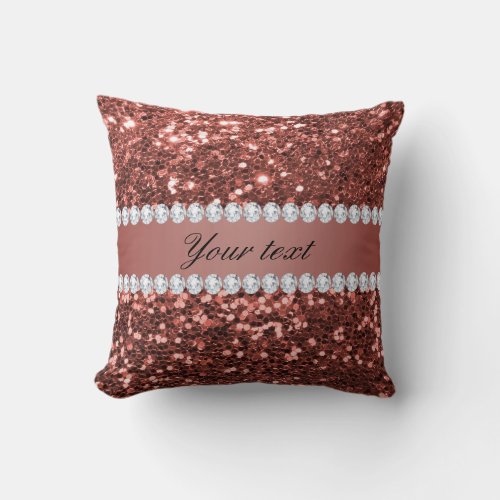 Rose Gold Faux Glitter and Diamonds Personalized Throw Pillow