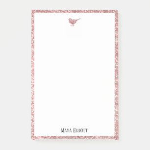 Rose Gold Faux Glitter Bird & Border on White Post-it Notes