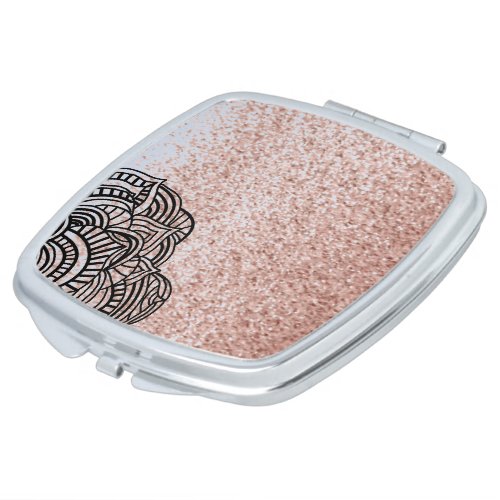 Rose Gold Faux Glitter Black Medallion Makeup Mirror