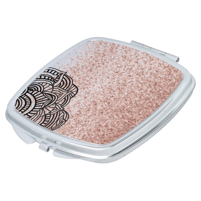 Rose Gold Faux Glitter Black Medallion Makeup Mirror (Turned)