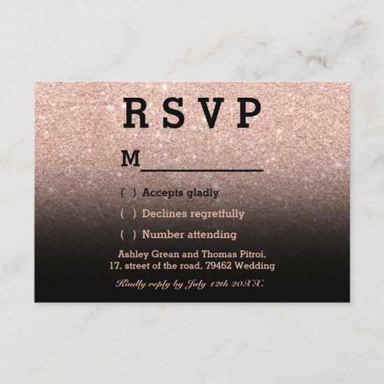 Rose gold faux glitter black ombre RSVP wedding