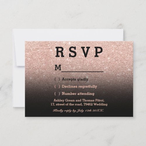 Rose gold faux glitter black ombre RSVP wedding