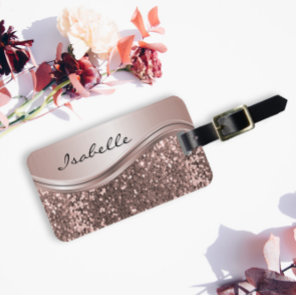 Rose Gold Faux Glitter Bling Personalized Metal Luggage Tag