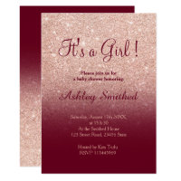 Rose gold faux glitter burgundy girl baby shower card