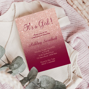 Rose gold faux glitter burgundy girl baby shower invitation