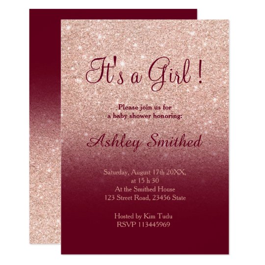 Rose gold faux glitter burgundy girl baby shower ...