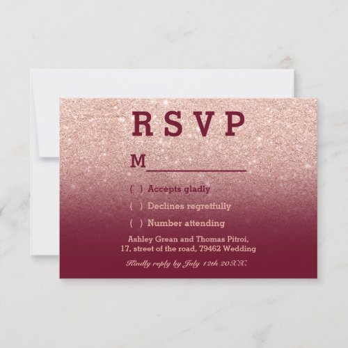 Rose gold faux glitter burgundy ombre RSVP wedding