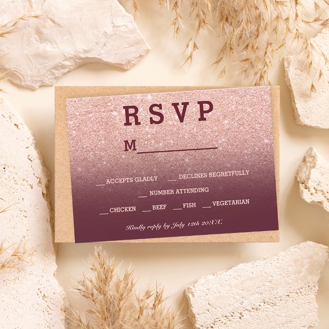 Rose gold faux glitter burgundy ombre RSVP wedding Card (Creator Uploaded)
