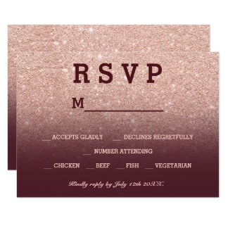 Rose gold faux glitter burgundy ombre RSVP wedding Card