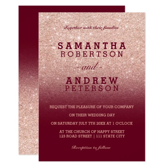 Rose gold faux glitter burgundy ombre wedding invitation | Zazzle.com