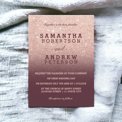 Rose gold faux glitter burgundy ombre wedding invitation