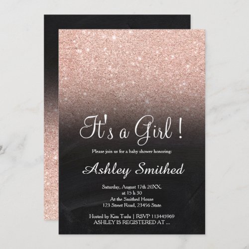 Rose gold faux glitter chalkboard girl baby shower invitation
