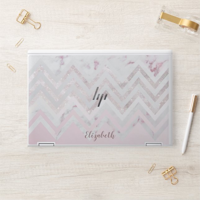 Rose Gold Faux Glitter Chevron Pink Monogram HP Laptop Skin (Desk)