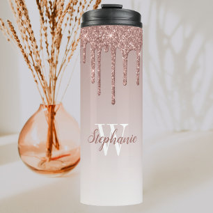 Rose Gold Faux Glitter Drip Sparkle Ombre Monogram Thermal Tumbler