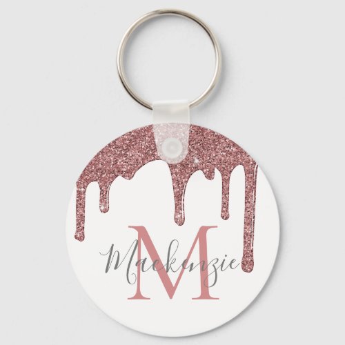 Rose Gold Faux Glitter Drips on White Monogram Keychain