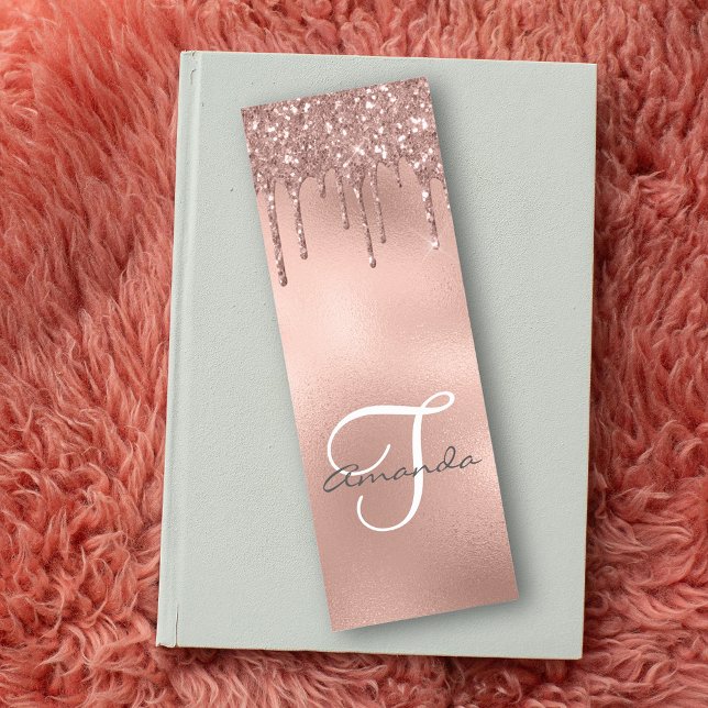 Rose Gold Faux Glitter Drips Personalized Script  Bookmarks (Creator Uploaded)