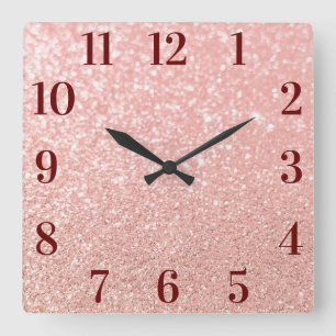 Rose Gold Faux Glitter Elegant Burgundy Numbers Square Wall Clock