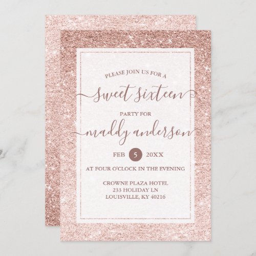 Rose Gold Faux Glitter Elegant Sweet 16 Birthday Invitation