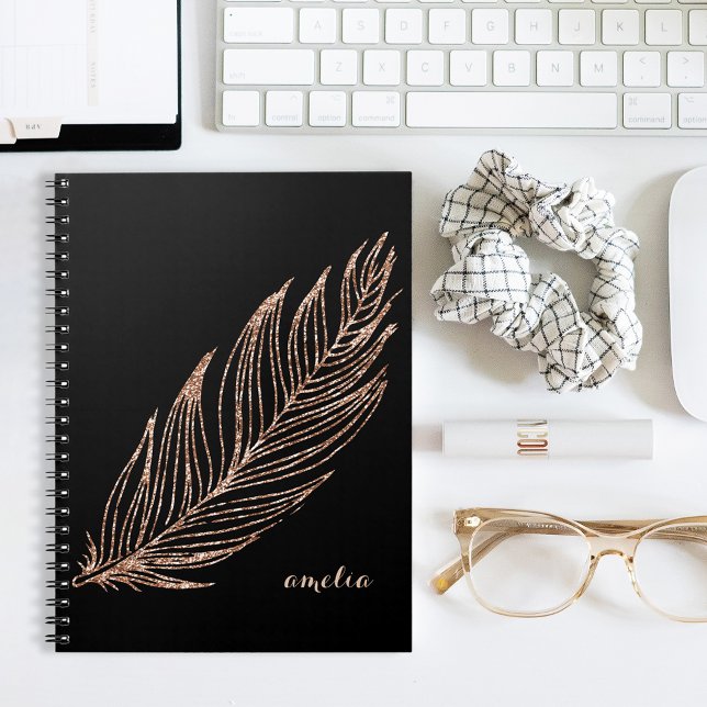 Rose Gold Faux Glitter Feather Personalized Notebook (Creator Uploaded)