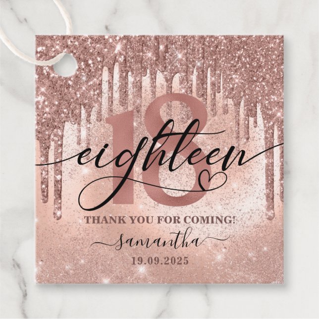 Rose Gold Faux Glitter & Foil 18th Birthday Party  Favor Tags (Front)
