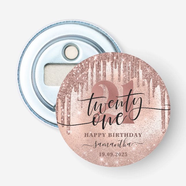 Rose Gold Faux Glitter & Foil 21st Birthday  Bottle Opener (Front)