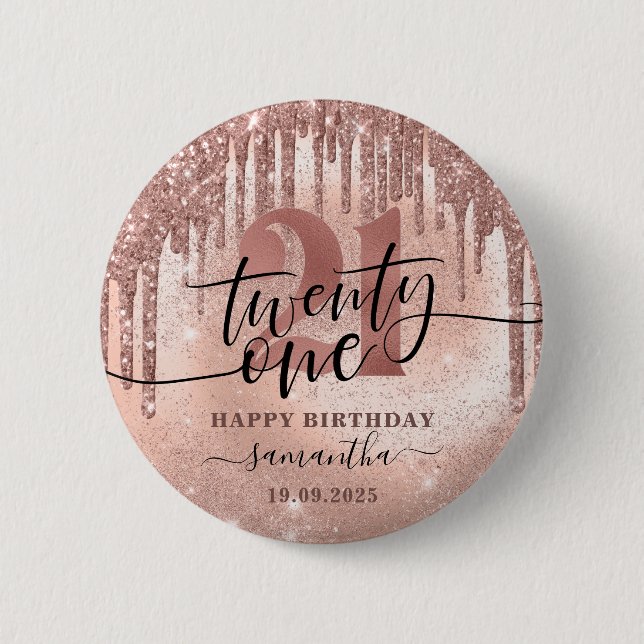 Rose Gold Faux Glitter & Foil 21st Birthday  Button (Front)