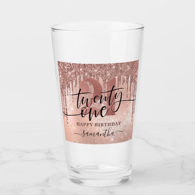 Rose Gold Faux Glitter & Foil 21st Birthday Glass (Front)