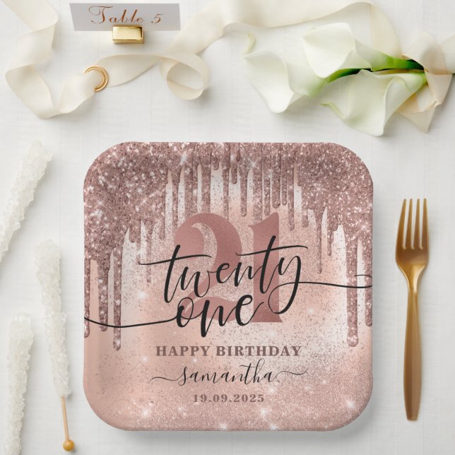 Rose Gold Faux Glitter & Foil 21st Birthday Party  Paper Plates (Wedding)