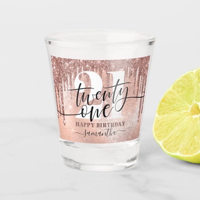 Rose Gold Faux Glitter & Foil 21st Birthday Shot G Glass (Front)
