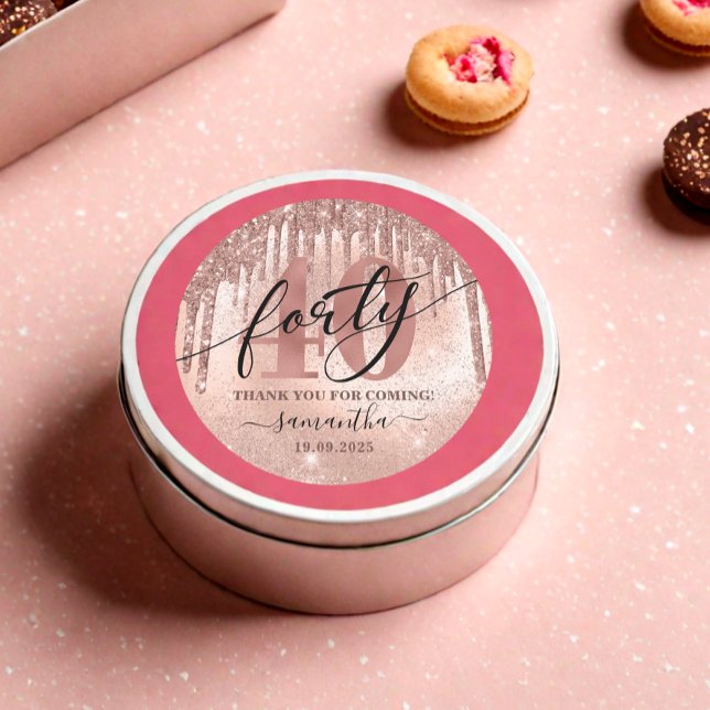 Rose Gold Faux Glitter & Foil 40th Birthday  Classic Round Sticker (Creator Uploaded)