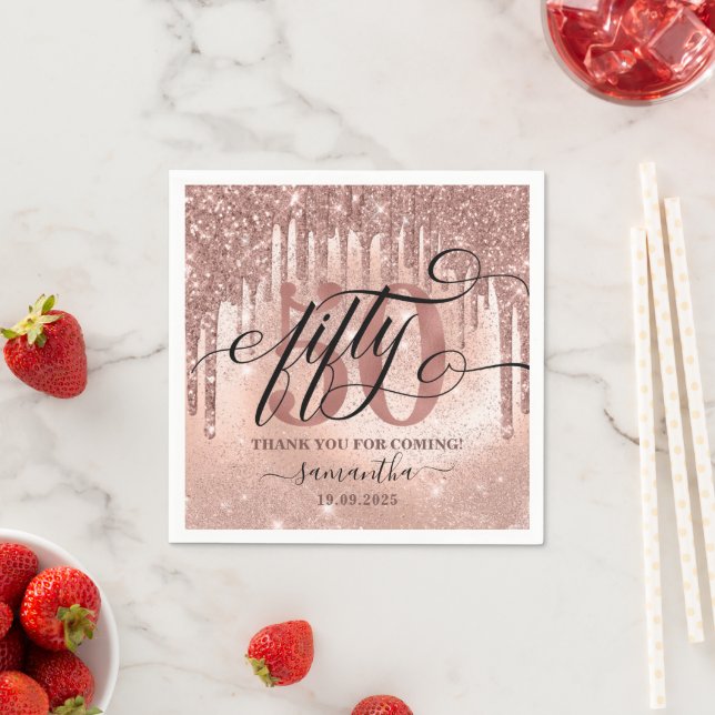 Rose Gold Faux Glitter & Foil 50th Birthday Party  Napkins (Insitu)