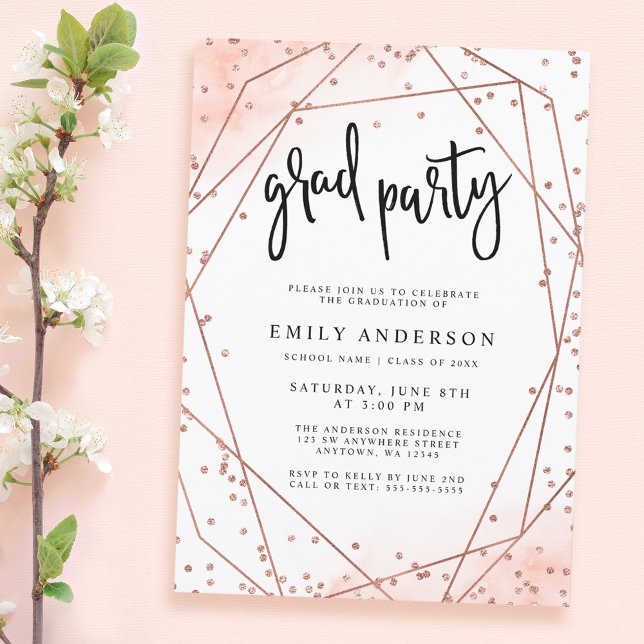 Rose Gold Faux Glitter Geometric Graduation Party Invitation (Creator Uploaded)