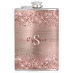Rose Gold Faux-Glitter Girly Glam Monogram Flask